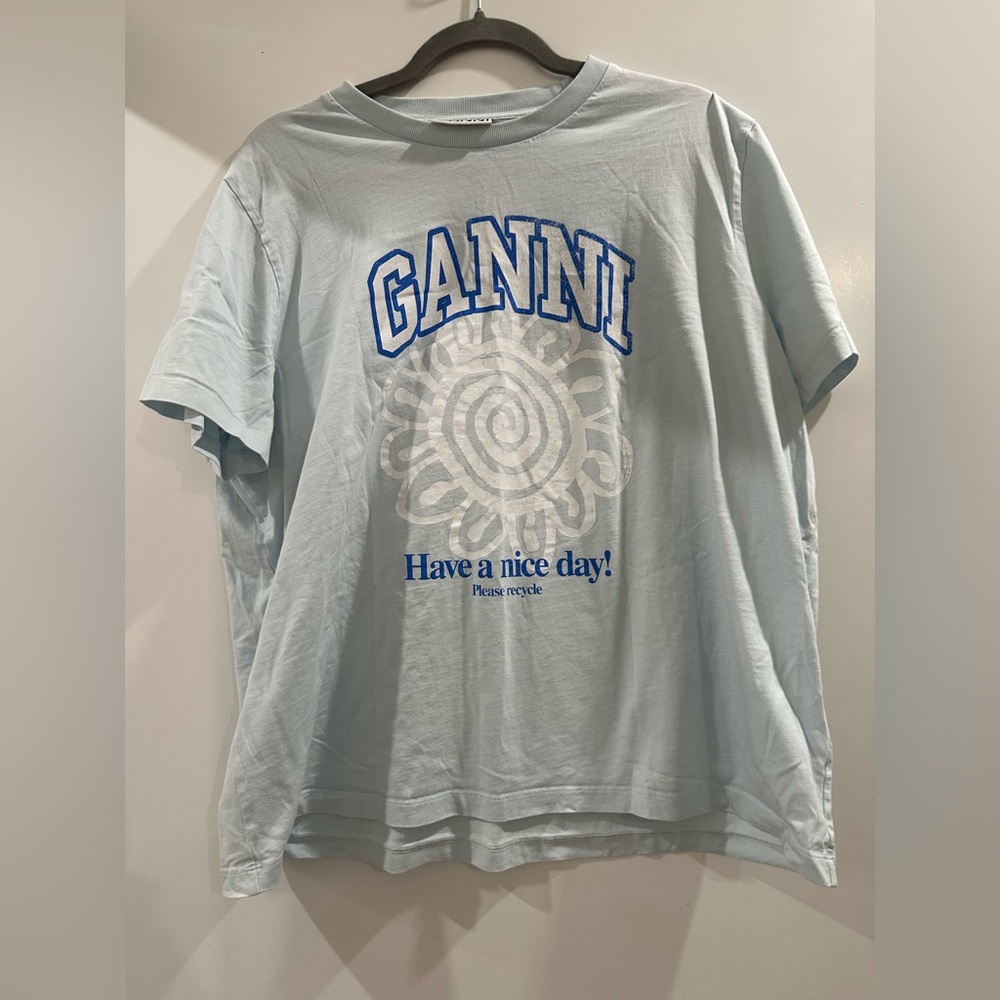Ganni Sky Blue Tee with Graphic Print